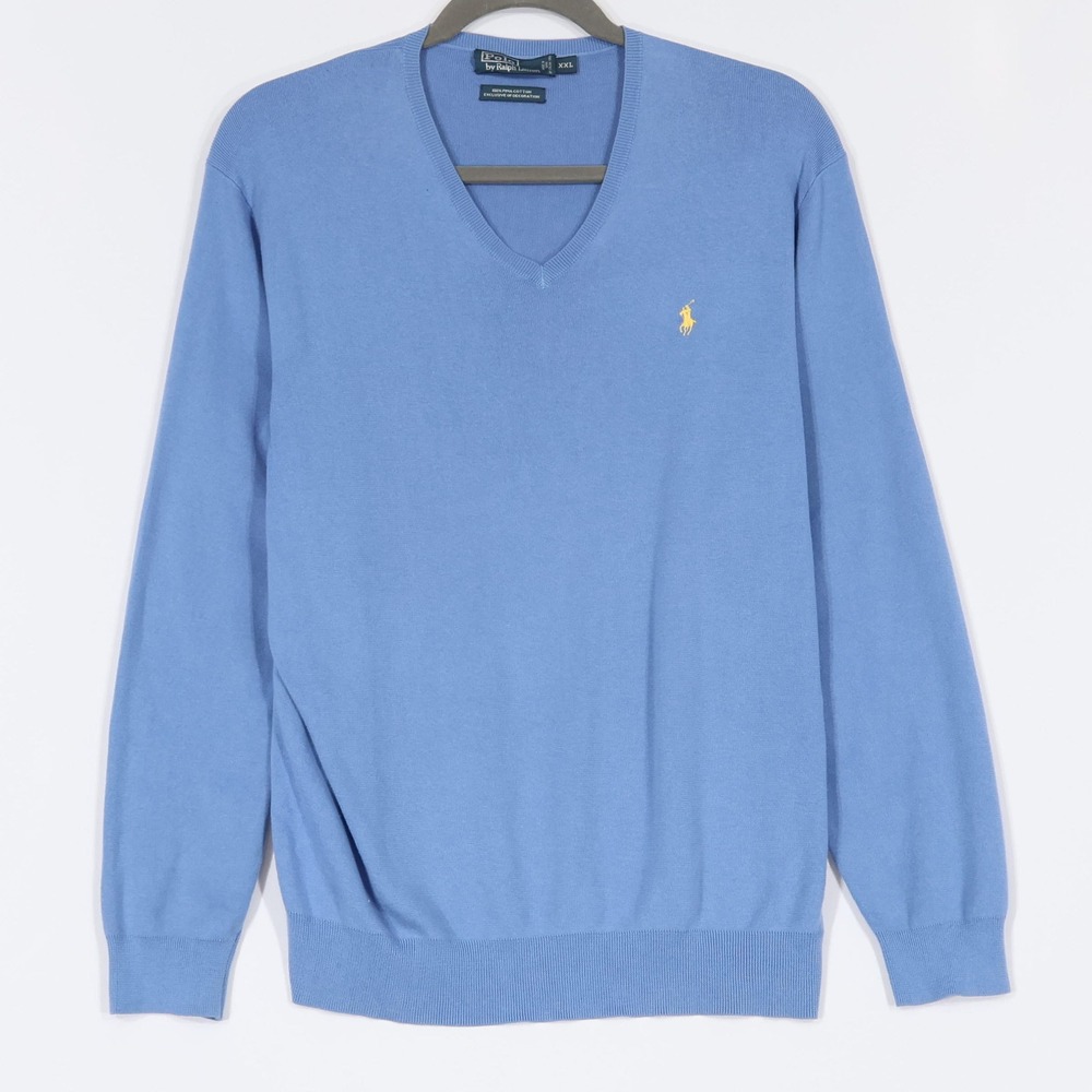 Polo Ralph Lauren V-Neck Sweater Men XXL Blue Pima Cotton Classic Preppy $145NWT